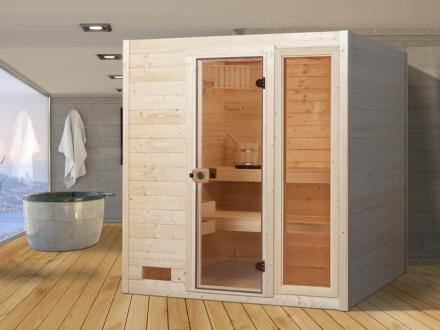 Bau von Weka Saunakabinen aus vorgefertigten Elementen, einschließlich Glastür und Saunaofen