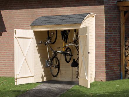 Bau eines Gartenlagers aus Holz, Fahrradlager aus vorgefertigten Elementen. Weka Lagerung