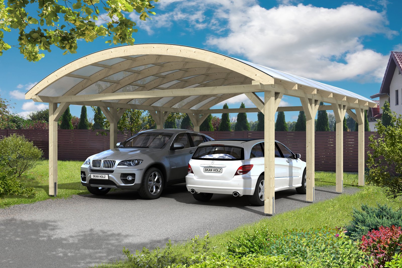 Gewölbtes Garagendach in zwei Positionen natürlich