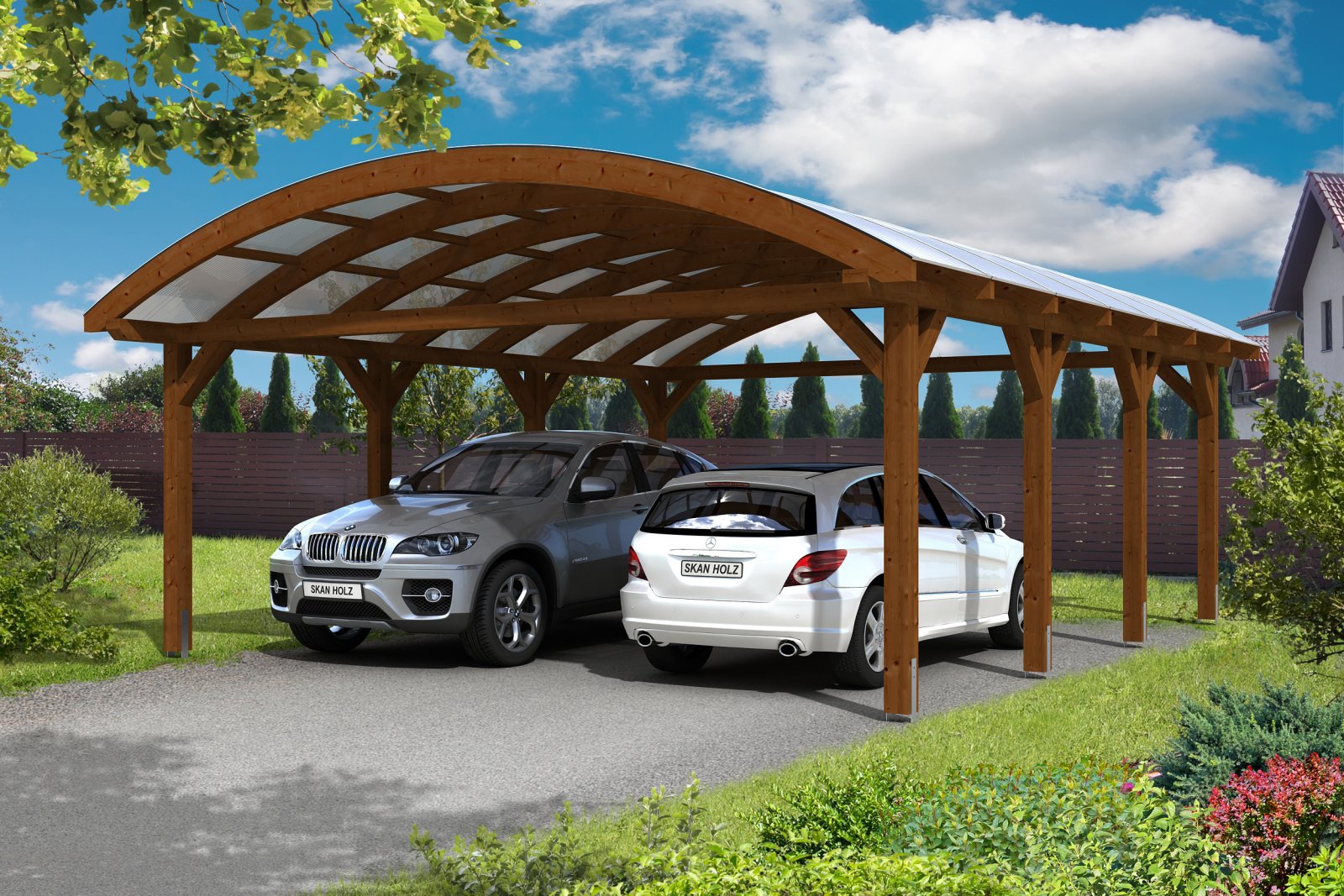 Doppelgarage mit geschwungenem Dach Nussbraun